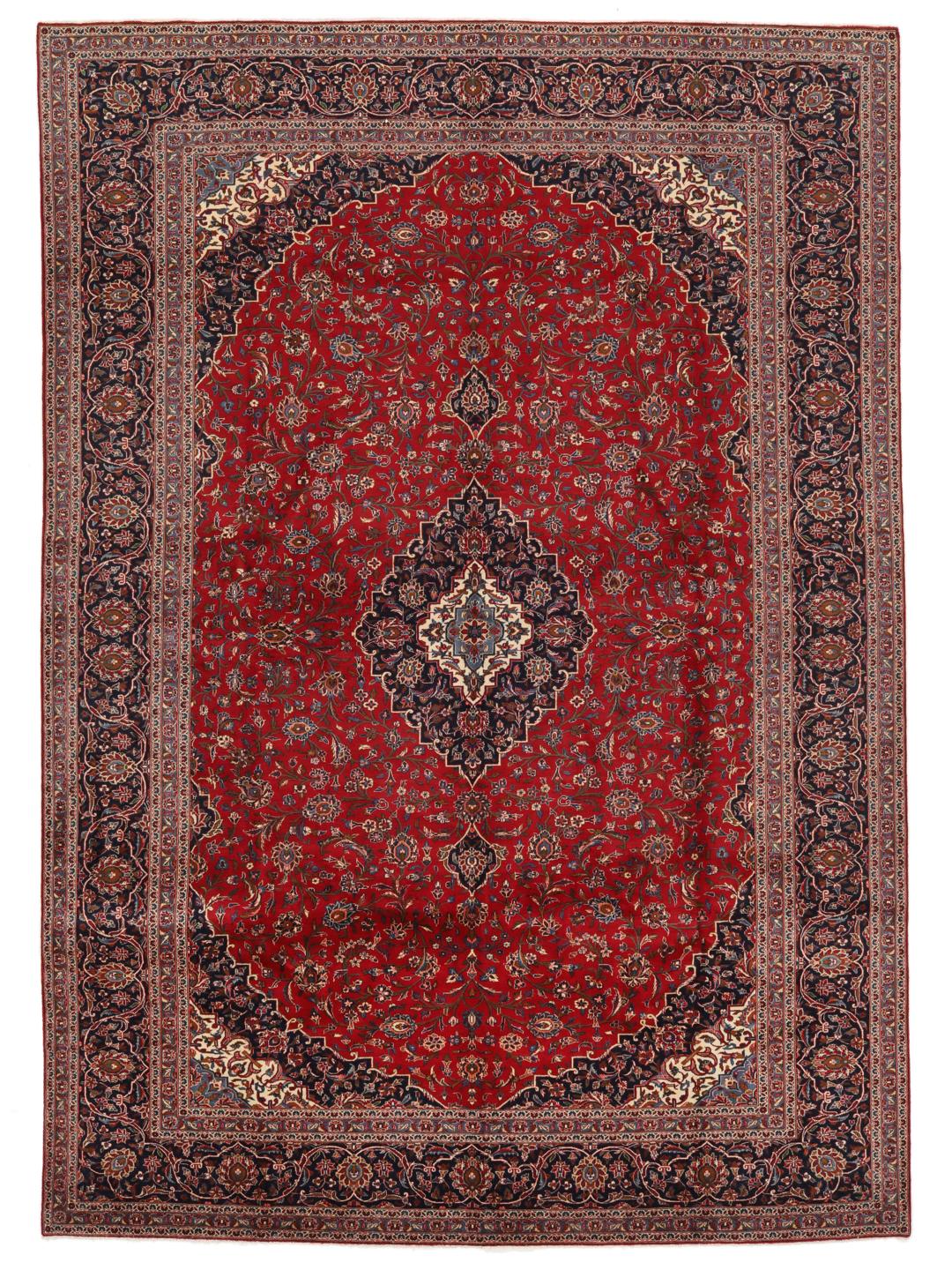 Hand-knotted Keshan rug from the Middle East in dark-red and blue