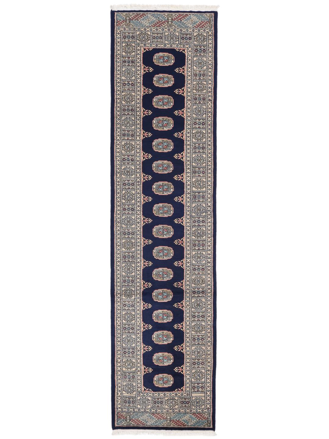 Hand-knotted Pakistan Bokhara runner in dark-blue with geometric motifs