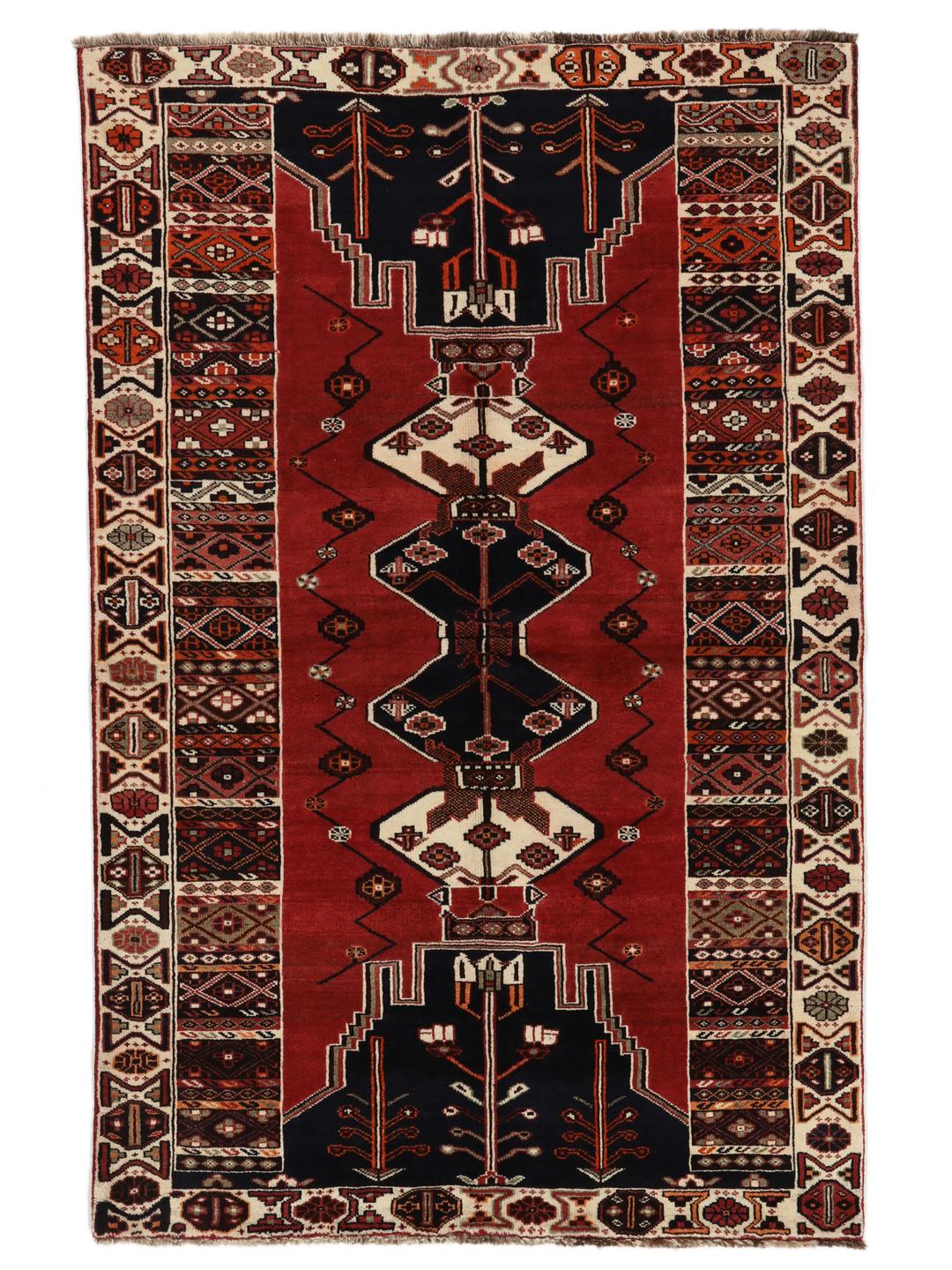 Hand-knotted Shiraz rug from the Middle East featuring a red and black geometric design