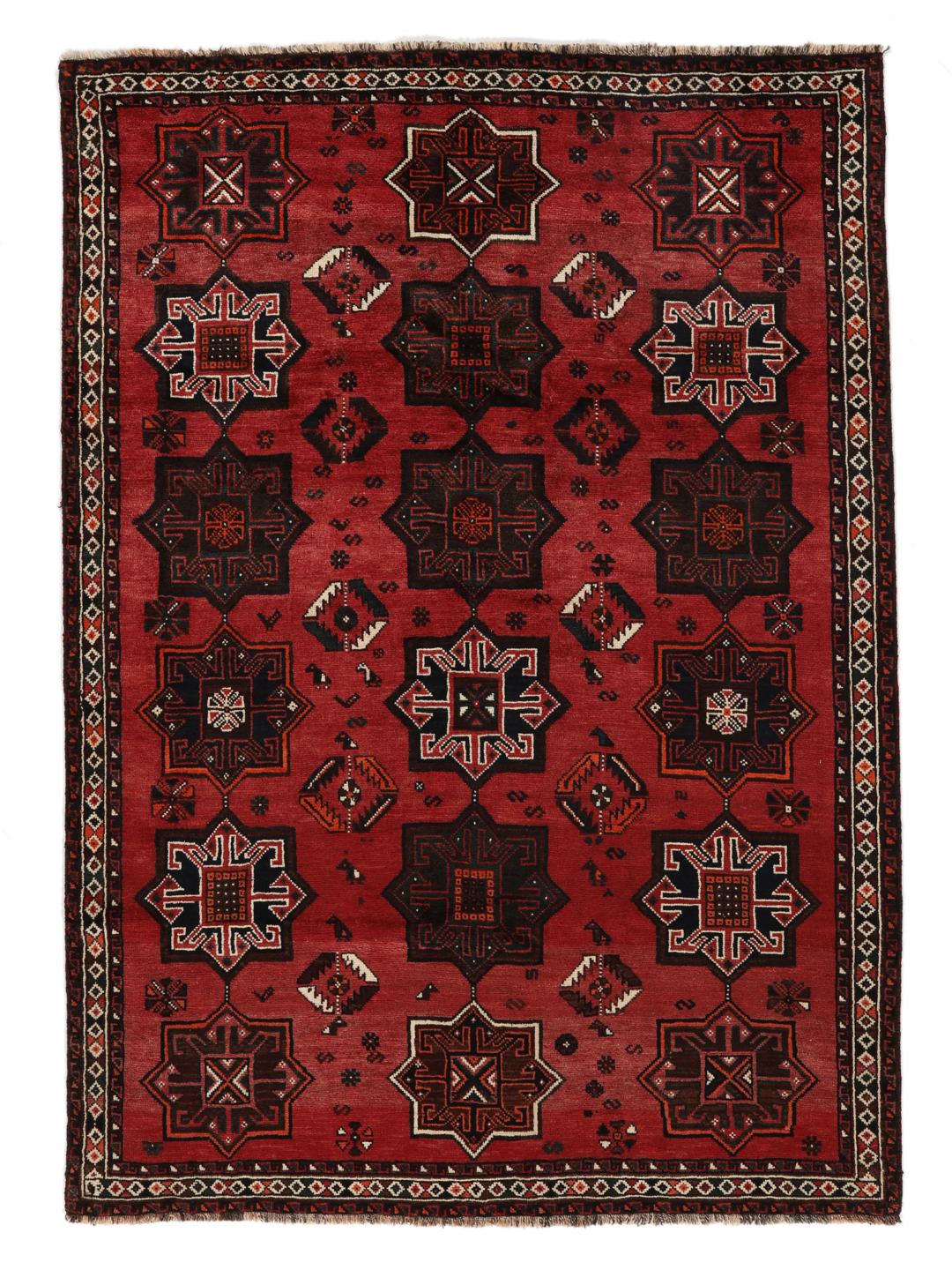 Handgeknoopt rood Shiraz-tapijt met geometrische tribale motieven