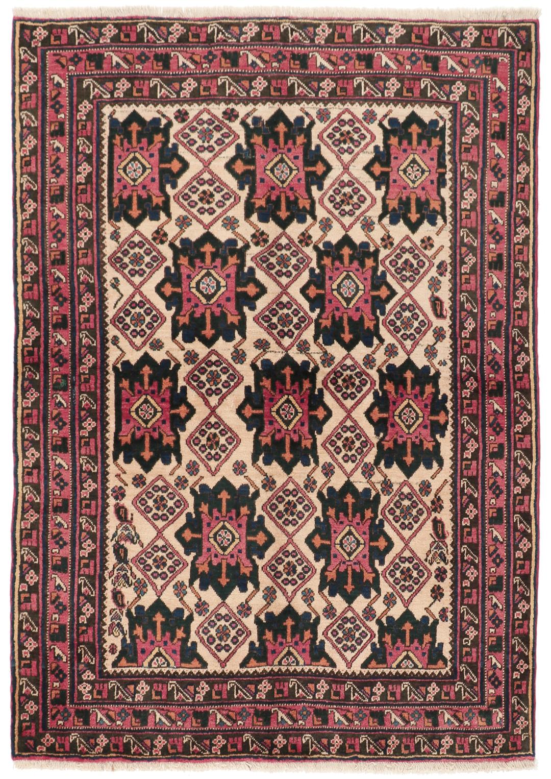 Håndknyttet Afshar tæppe fra Mellemøsten i beige, mørk pink og mørkeblå nuancer.