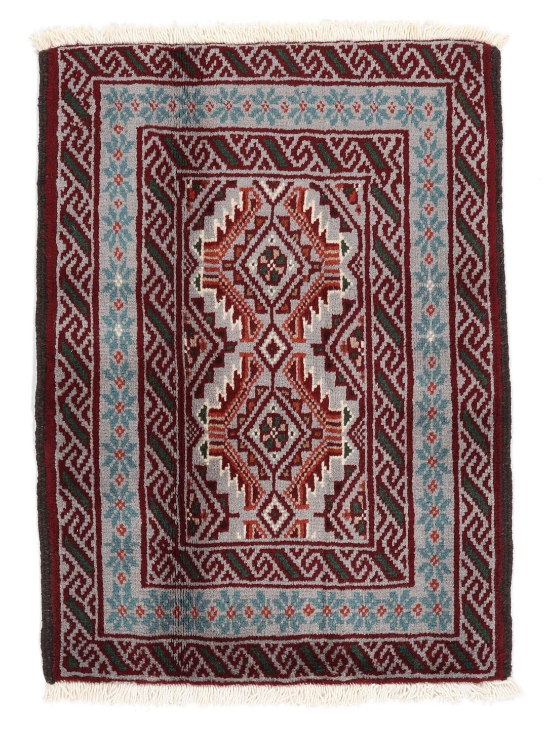 Hand-knotted Middle Eastern Baluch rug in red and grey wool
