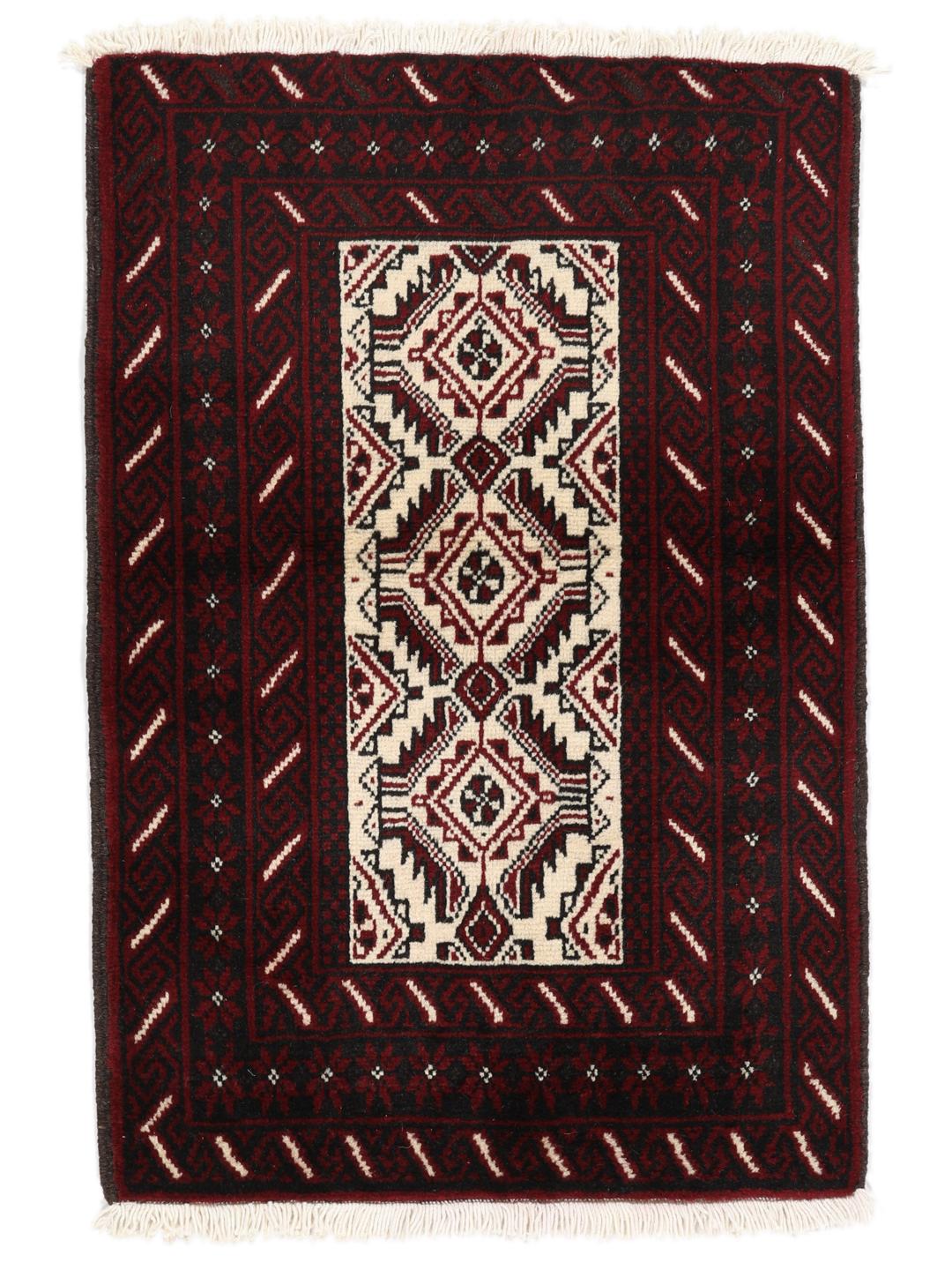 Ein handgeknüpfter Beluch-Teppich aus dem Mittleren Osten mit einem dunkelroten und beigen geometrischen Design.