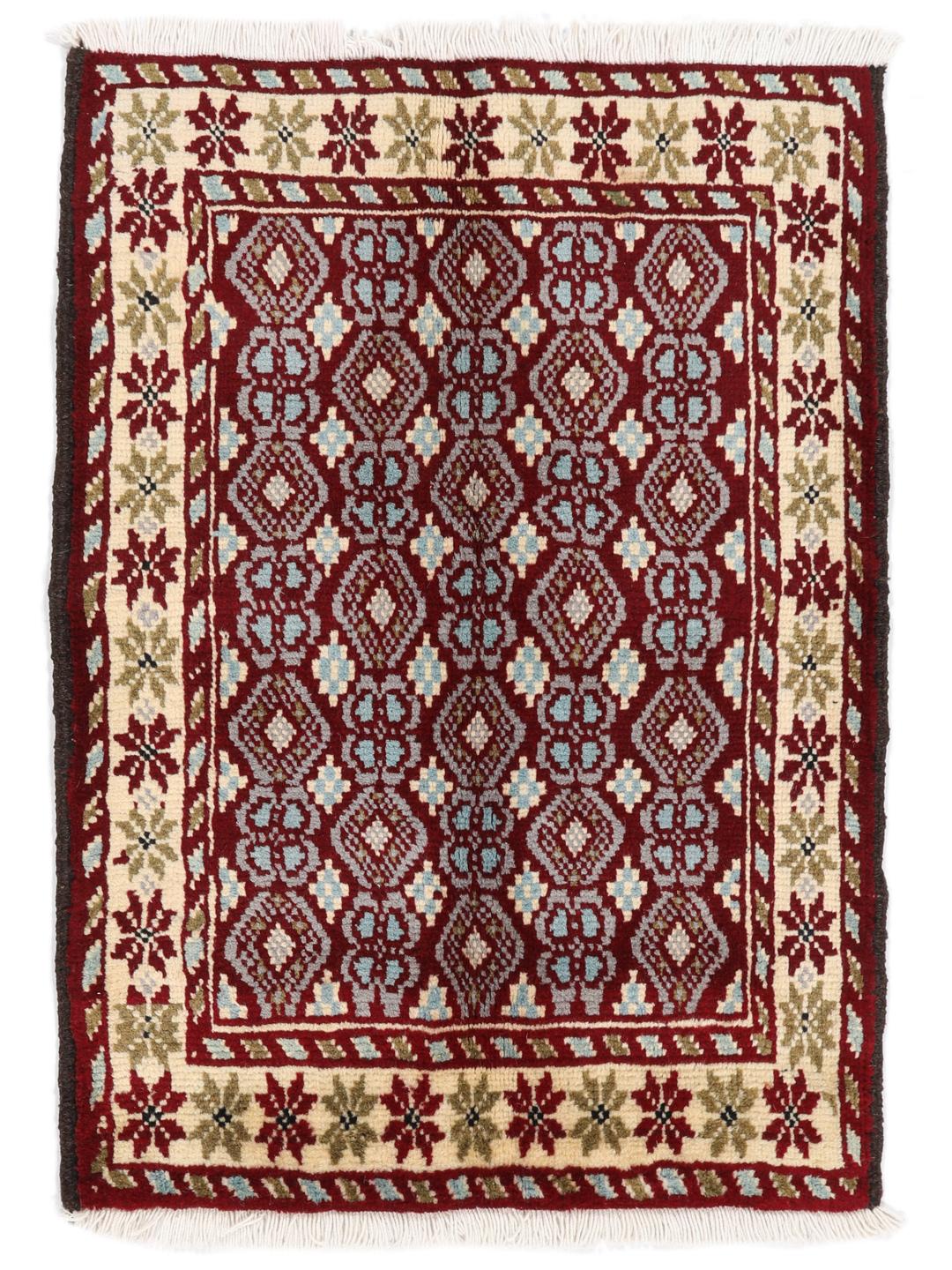 Håndknyttet Baluch-tæppe med geometriske mønstre i mørkerød og beige