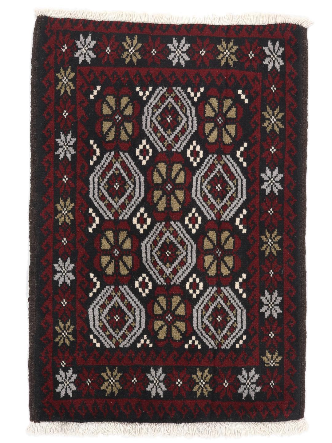 Hand-knotted Baluch rug with geometric patterns in dark-red and dark-grey