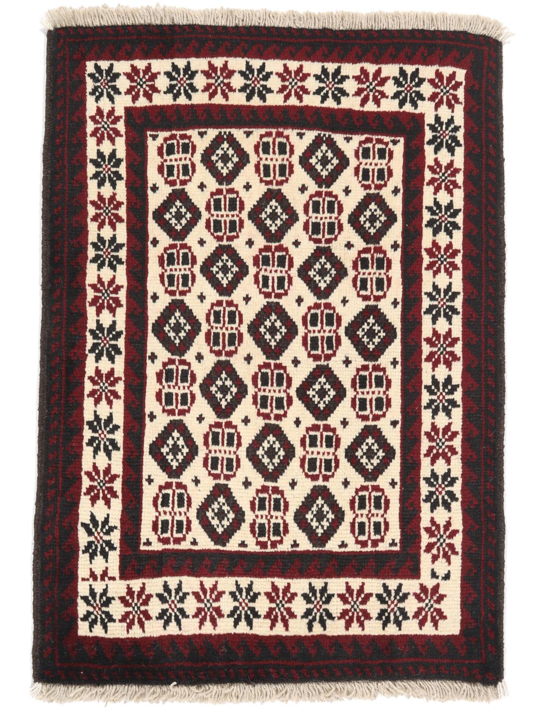 A hand-knotted Baluch rug from the Middle East featuring a red and beige geometric pattern.