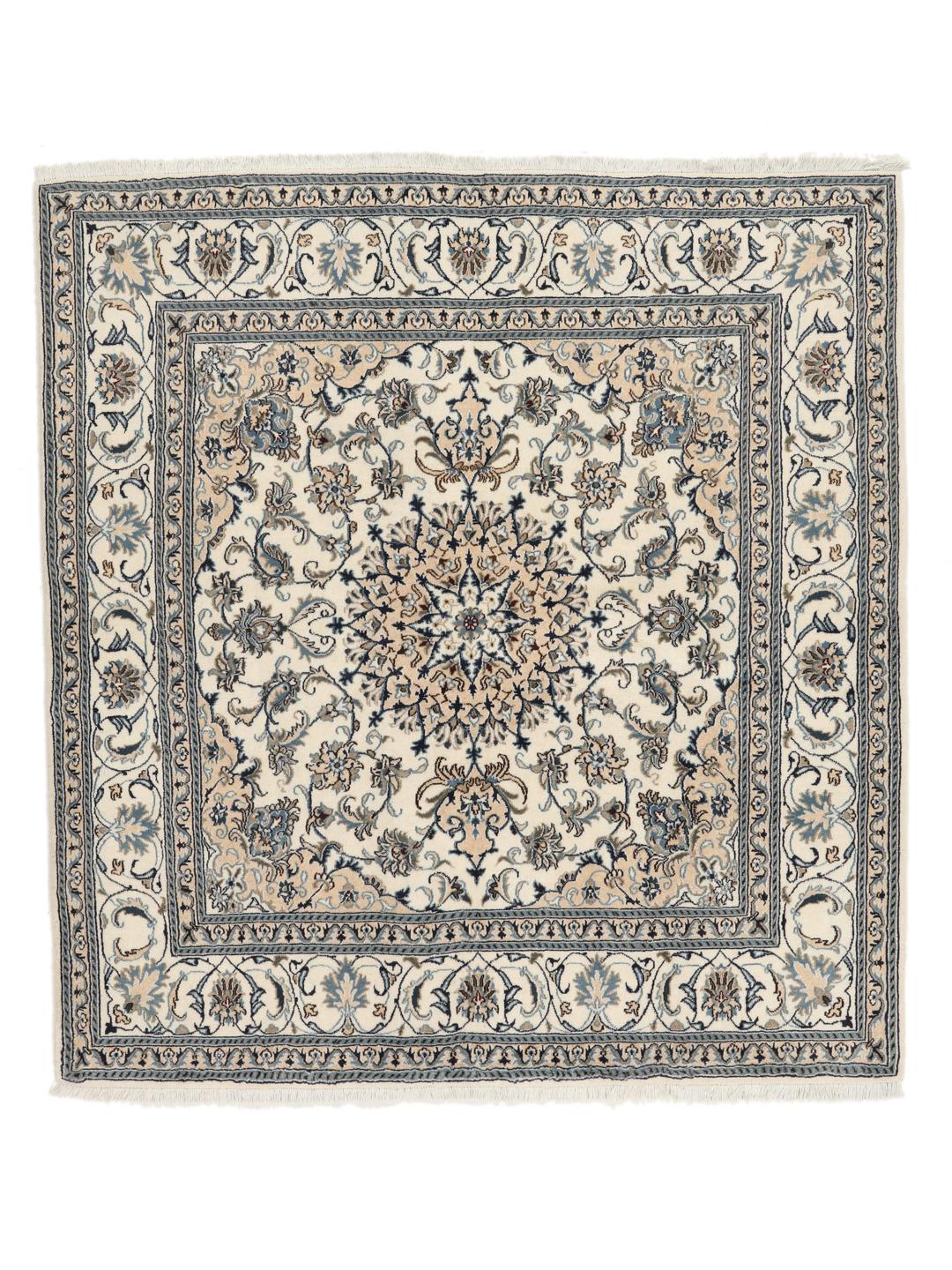 Handgemaakt Nain-tapijt uit het Midden-Oosten met een beige en blauw bloemmotief