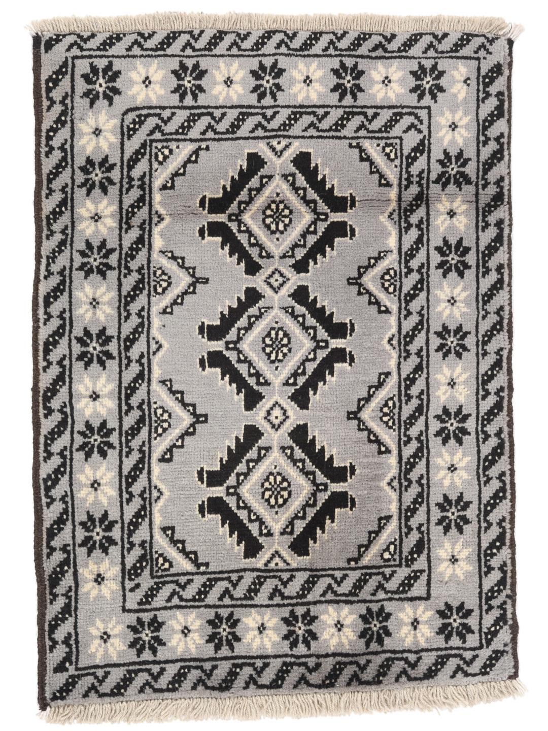 Hand-knotted Middle Eastern Baluch rug in grey and black with geometric patterns