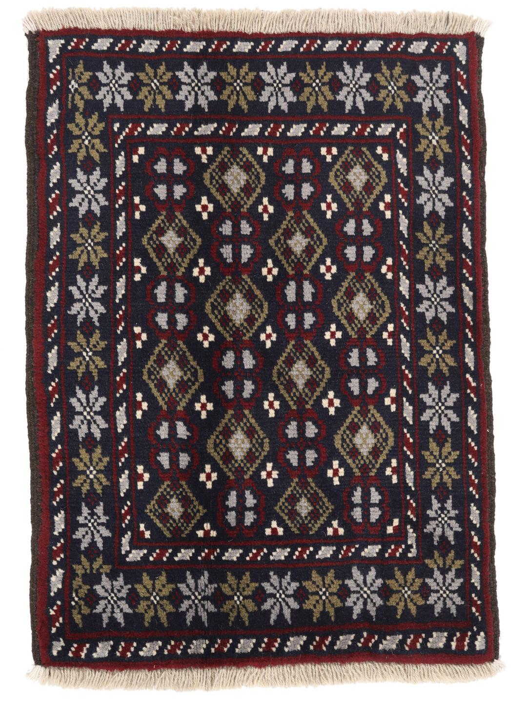 Hand-knotted Beluch rug with tribal motifs in dark-blue and red tones