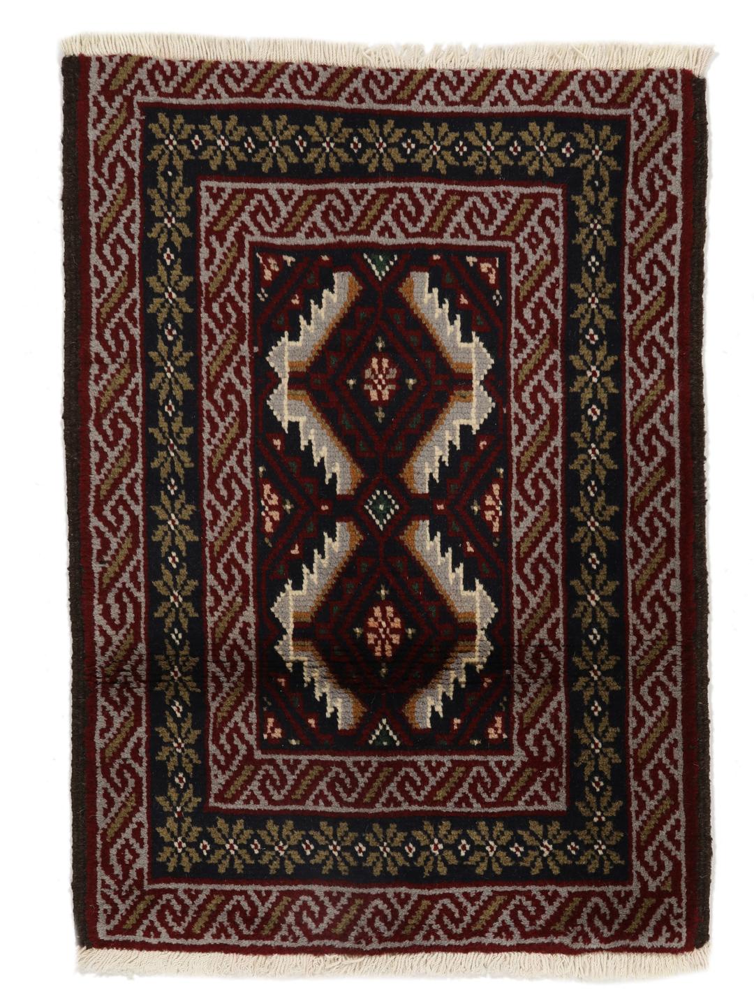 Hand-knotted Middle Eastern Baluch rug in dark-red and dark-blue Wool
