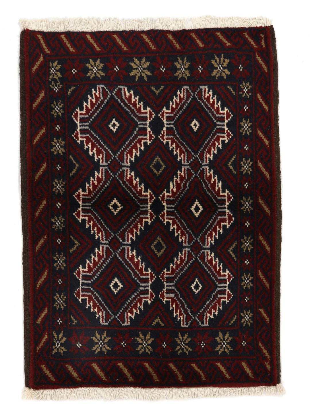 Hand-knotted Baluch rug with geometric patterns in dark red and dark blue tones