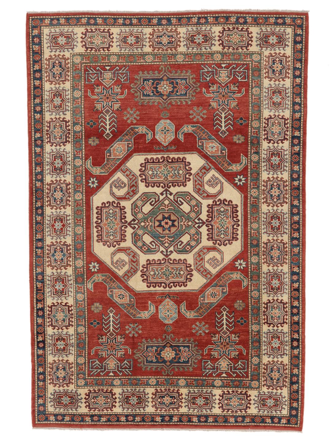 Covor Kazak înnodat manual din Afganistan cu un design geometric roșu și bej
