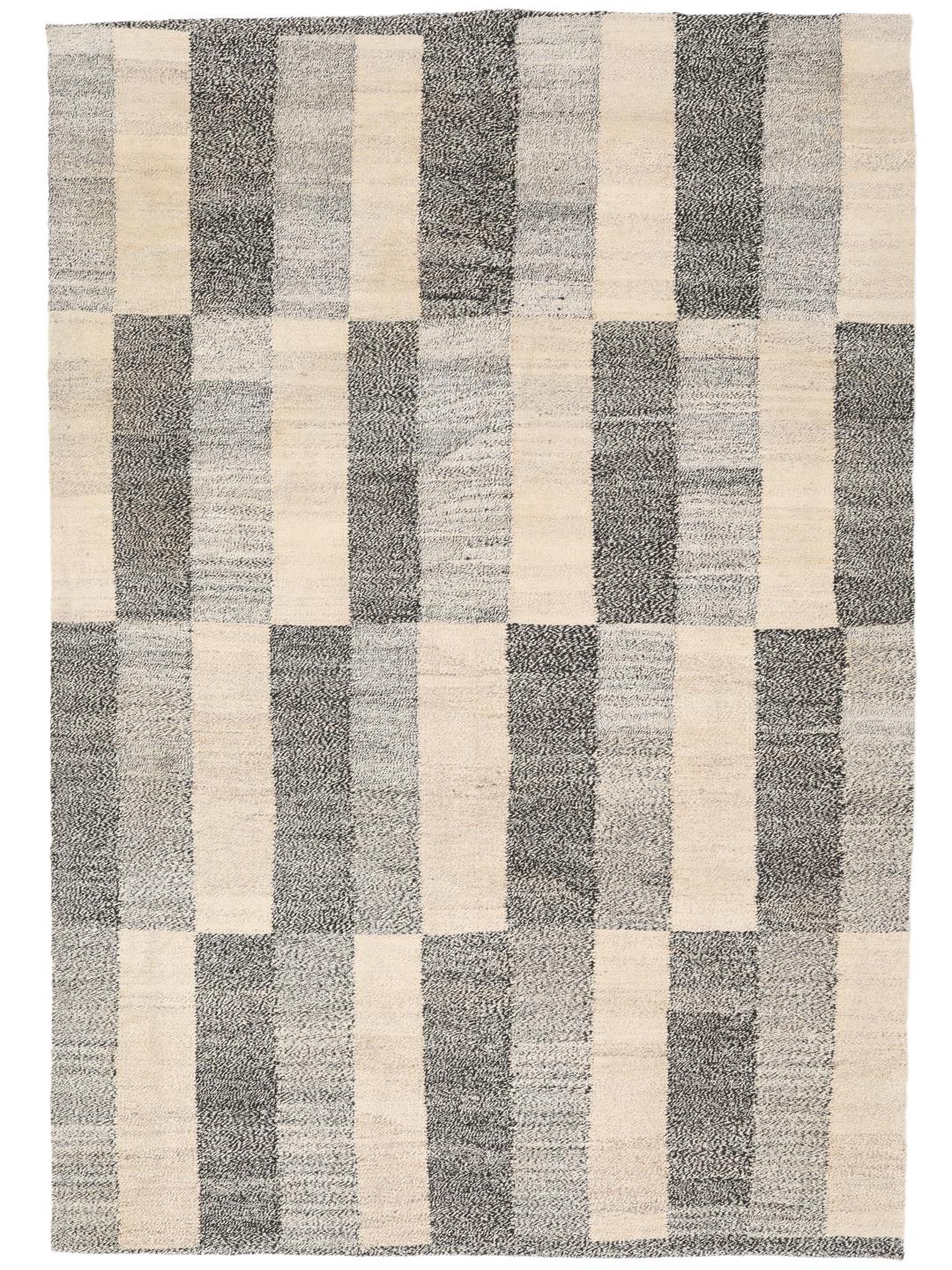 Handgeweven Kelim-tapijt uit Afghanistan met een geometrisch patroon in grijs en beige