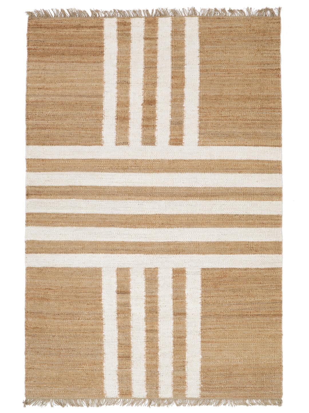 Beige en wit handgeweven jute vloerkleed met een gestreept patroon