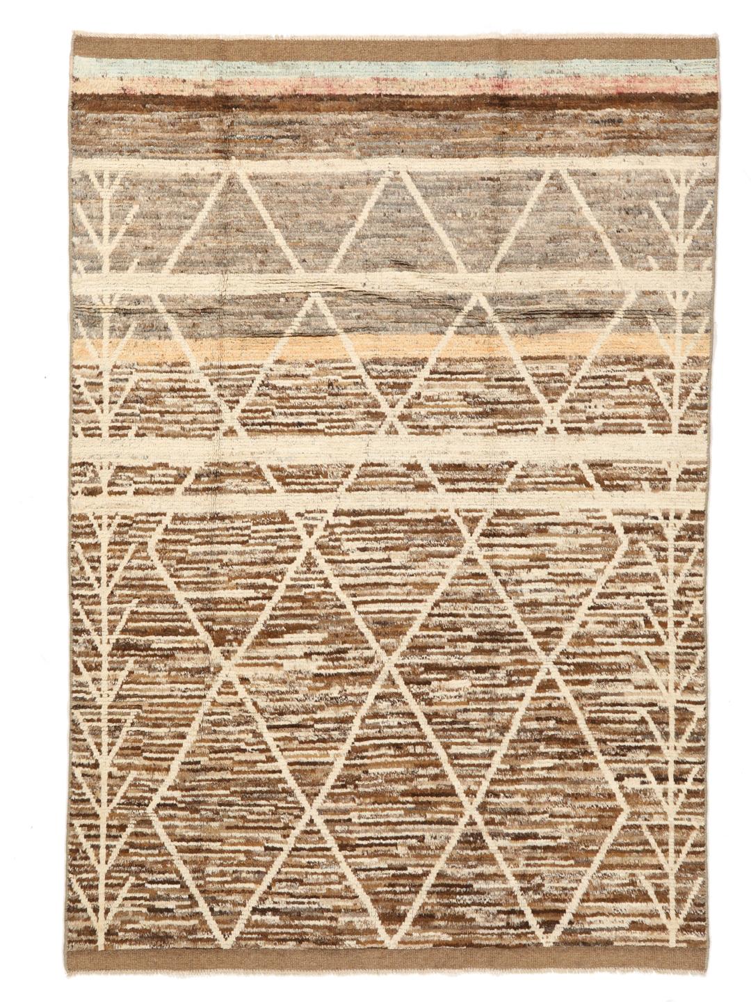 Hand-knotted rug from the Middle East with a geometric pattern in brown and beige tones.