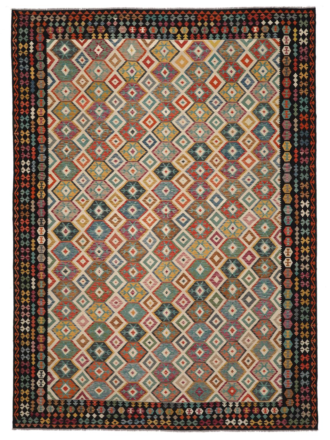 Groot handgeweven Afghan Kelim tapijt met een kleurrijk geometrisch ruitpatroon