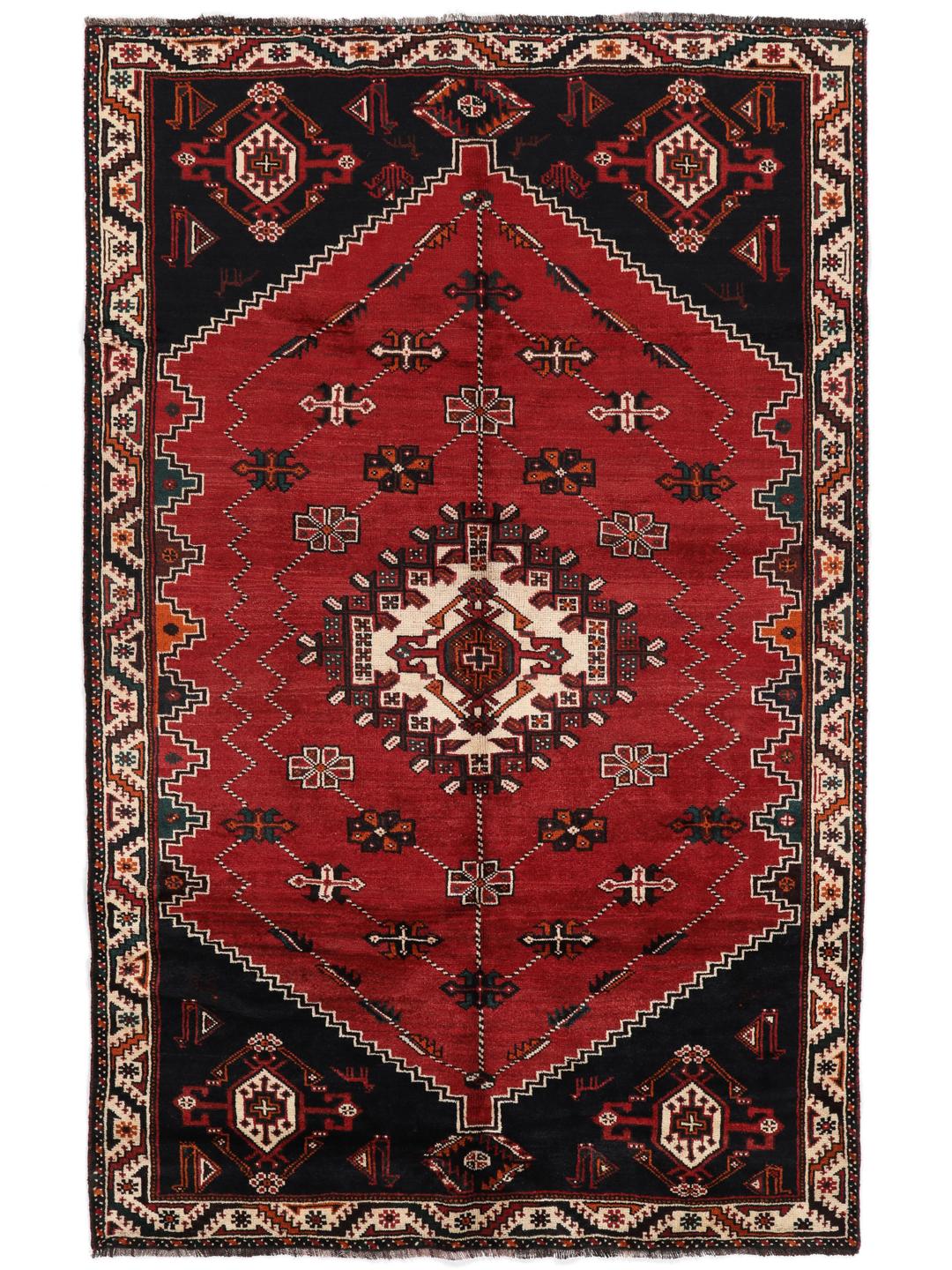 Hand-knotted Shiraz rug with geometric patterns in red and black