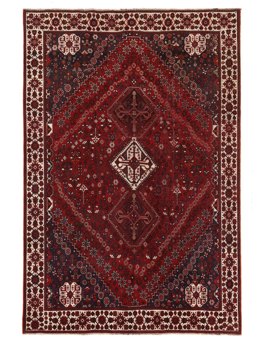 Handmade Shiraz rug from the Middle East in dark-red and dark-blue tones