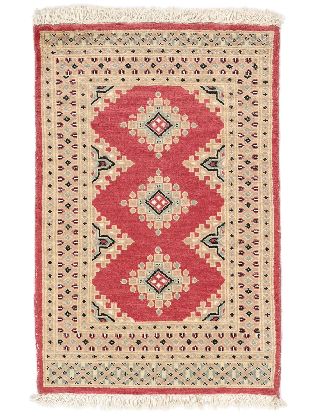 Hand-knotted Pakistan Bokhara 2ply rug with a red field and geometric patterns