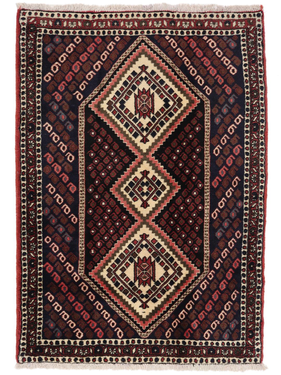 Hand-knotted Afshar Shahre Babak rug from the Middle East in deep red and dark blue.