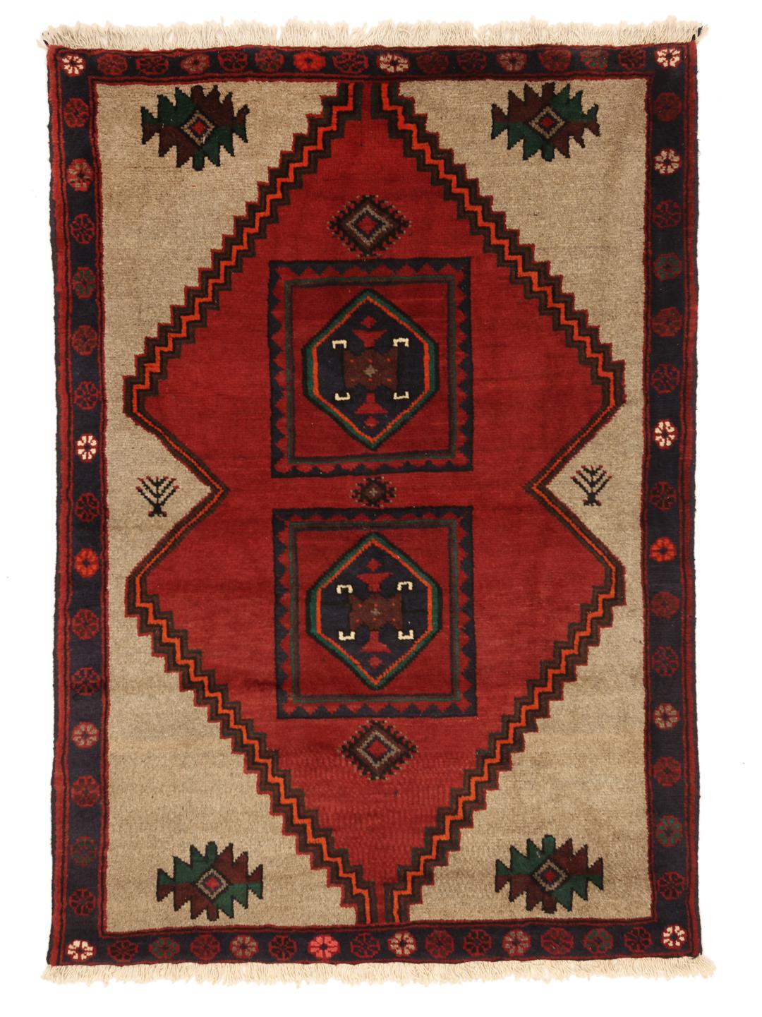 Handgeknoopt Klardasht-tapijt uit het Midden-Oosten met een rood en beige geometrisch ontwerp