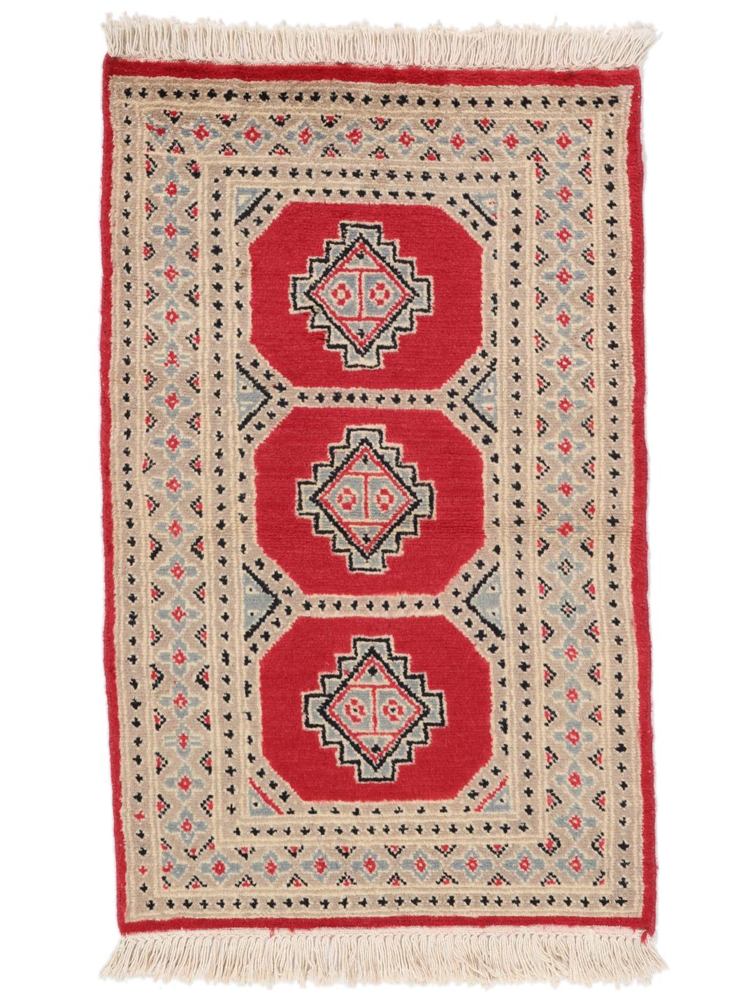 A hand-knotted Pakistan Bokhara 2ply rug with a red field and geometric motifs.