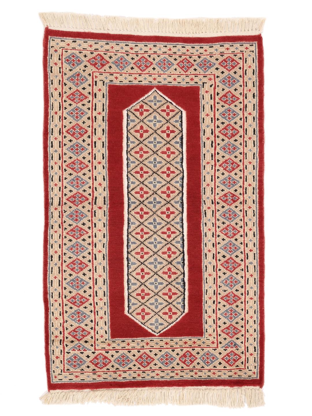 Hand-knotted Pakistan Bokhara 2ply rug with red and beige geometric patterns