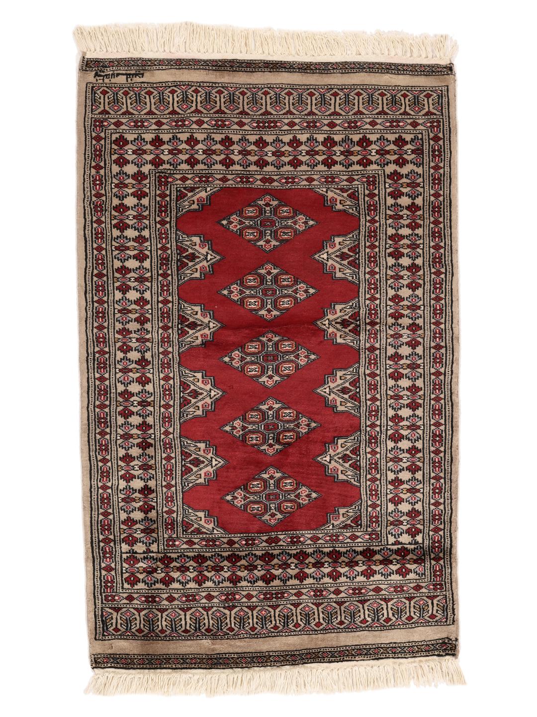 Hand-knotted Pakistan Bokhara rug with a red field and geometric motifs