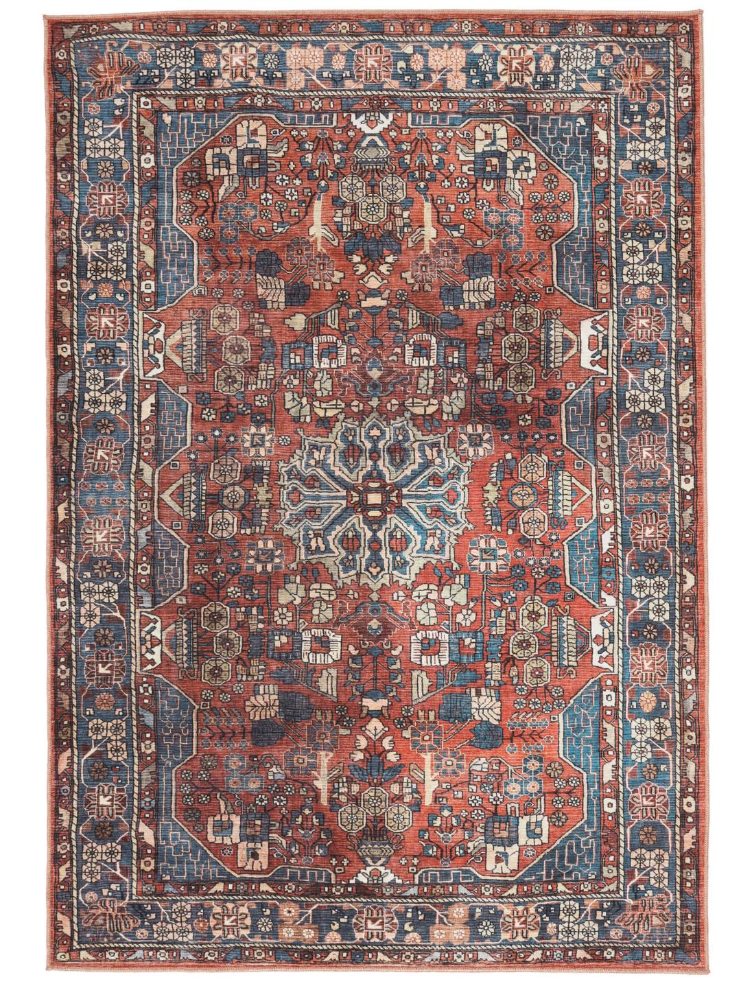 Rood en blauw tapijt met traditionele motieven