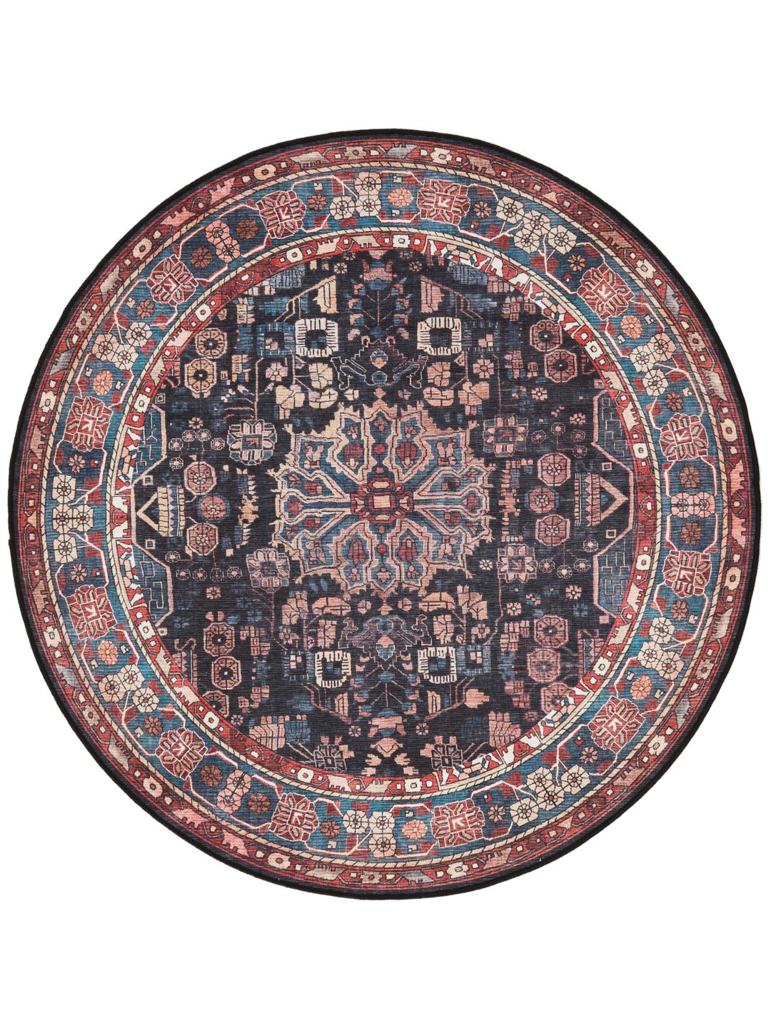 Round rug in blue and black with intricate Oriental patterns
