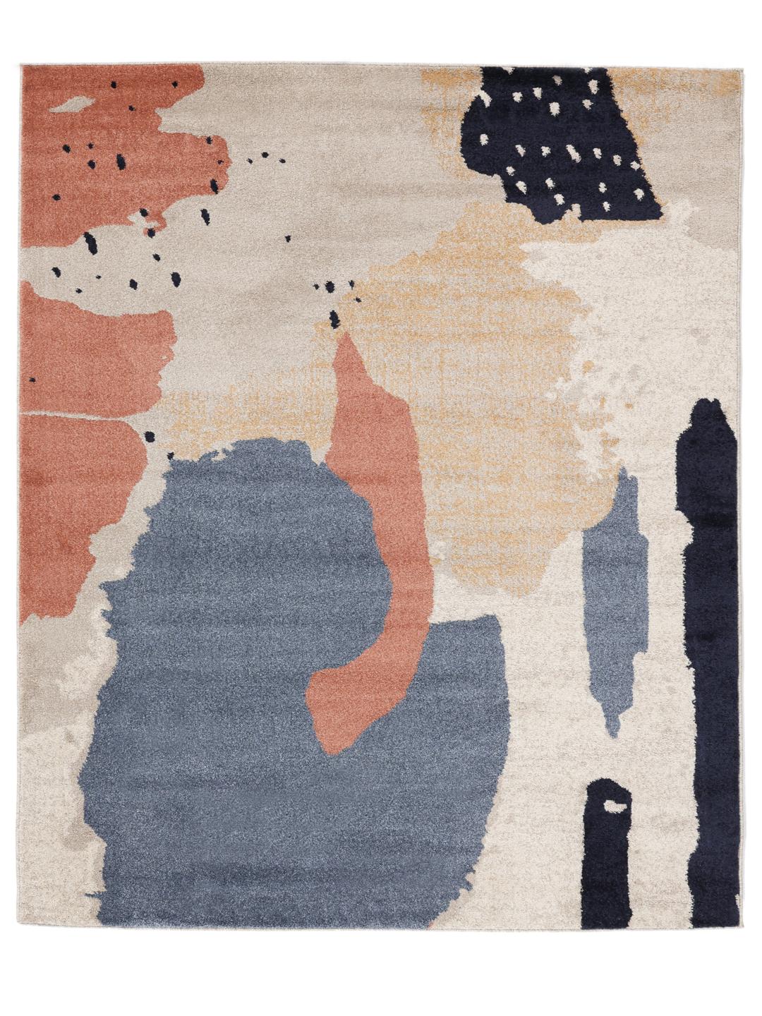 Rechthoekig blauw en beige vloerkleed met een abstract patroon.