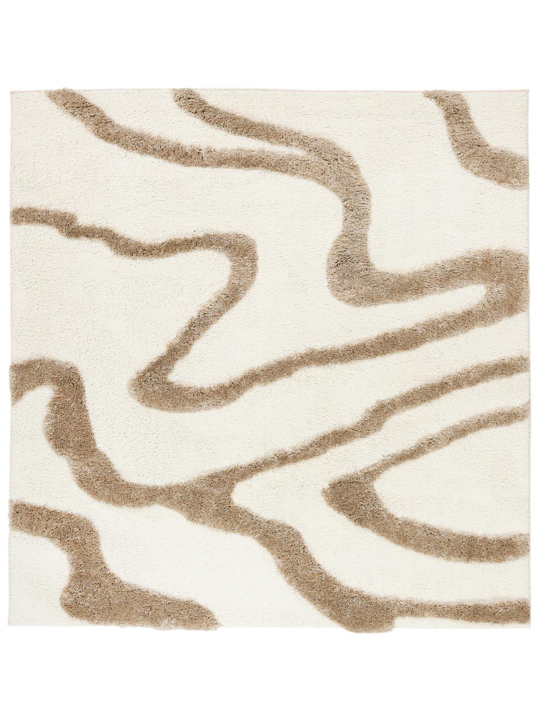 Vierkant vloerkleed in off-white en beige met een textuur van hoog- en laagpolige banen