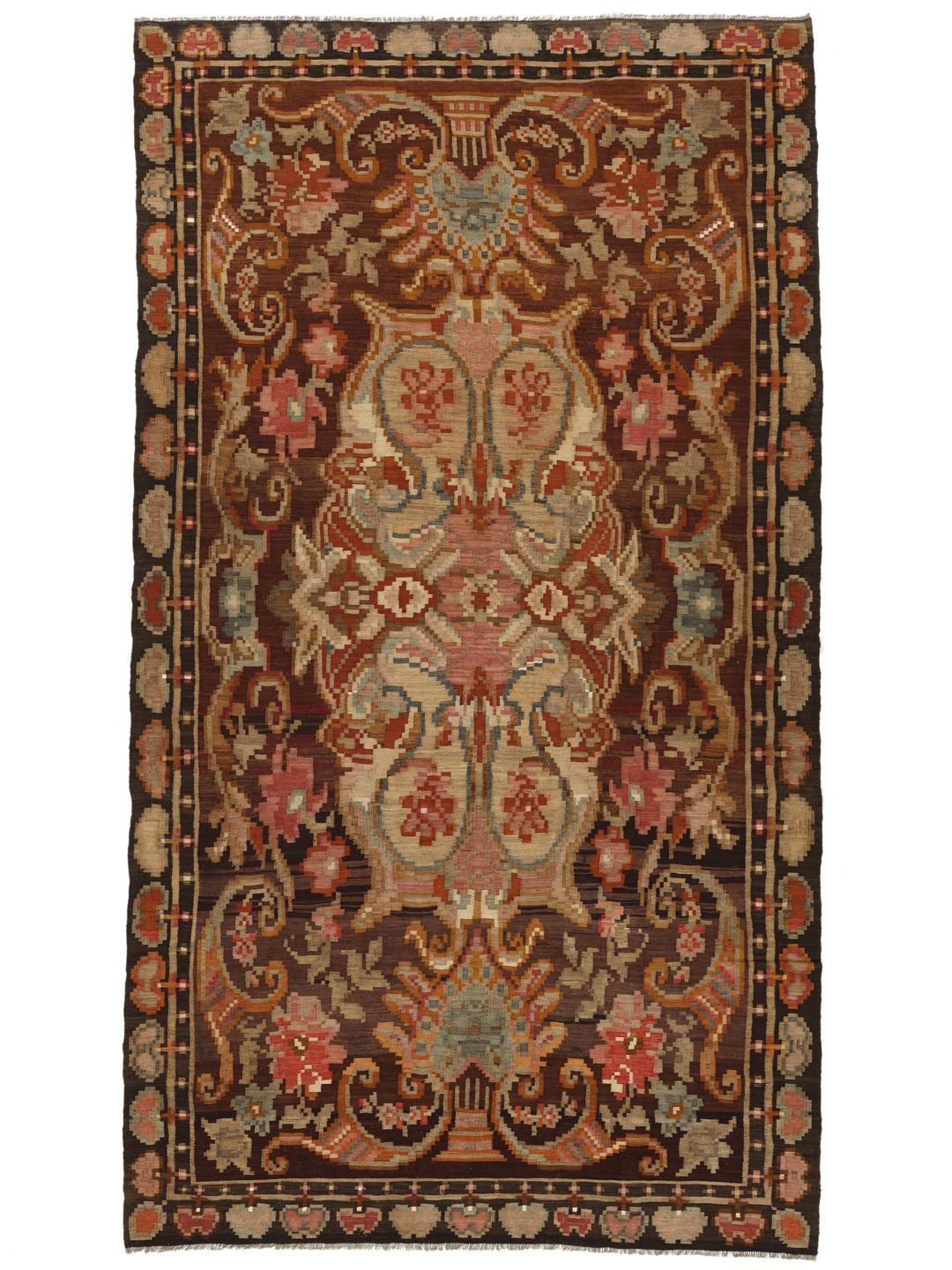 Håndvævet moldavisk rose-kilim-tæppe i brun med blomstermønstre