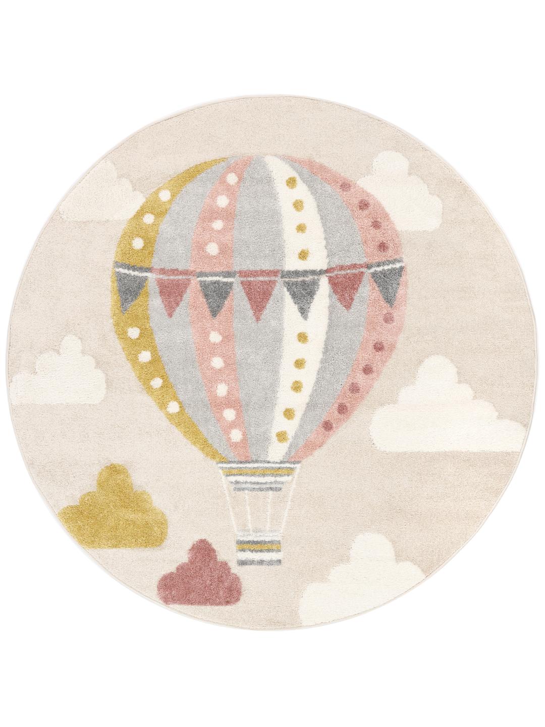 rundt beige og pink tæppe med varmluftballon motiv