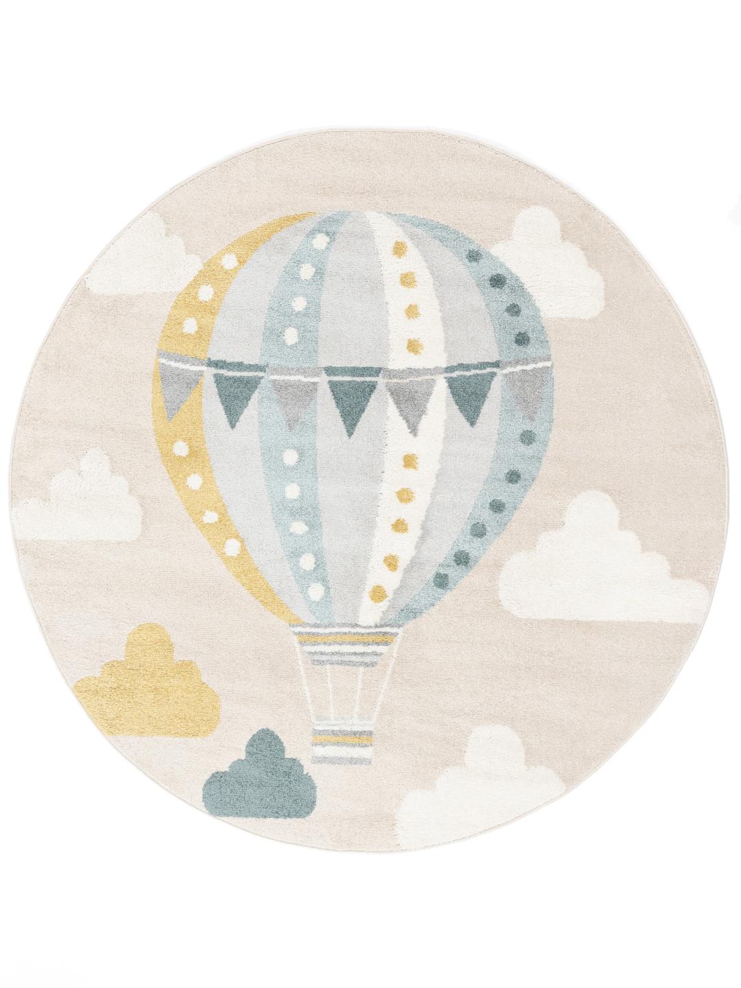 Rond vloerkleed met een luchtballonpatroon in beige en blauw