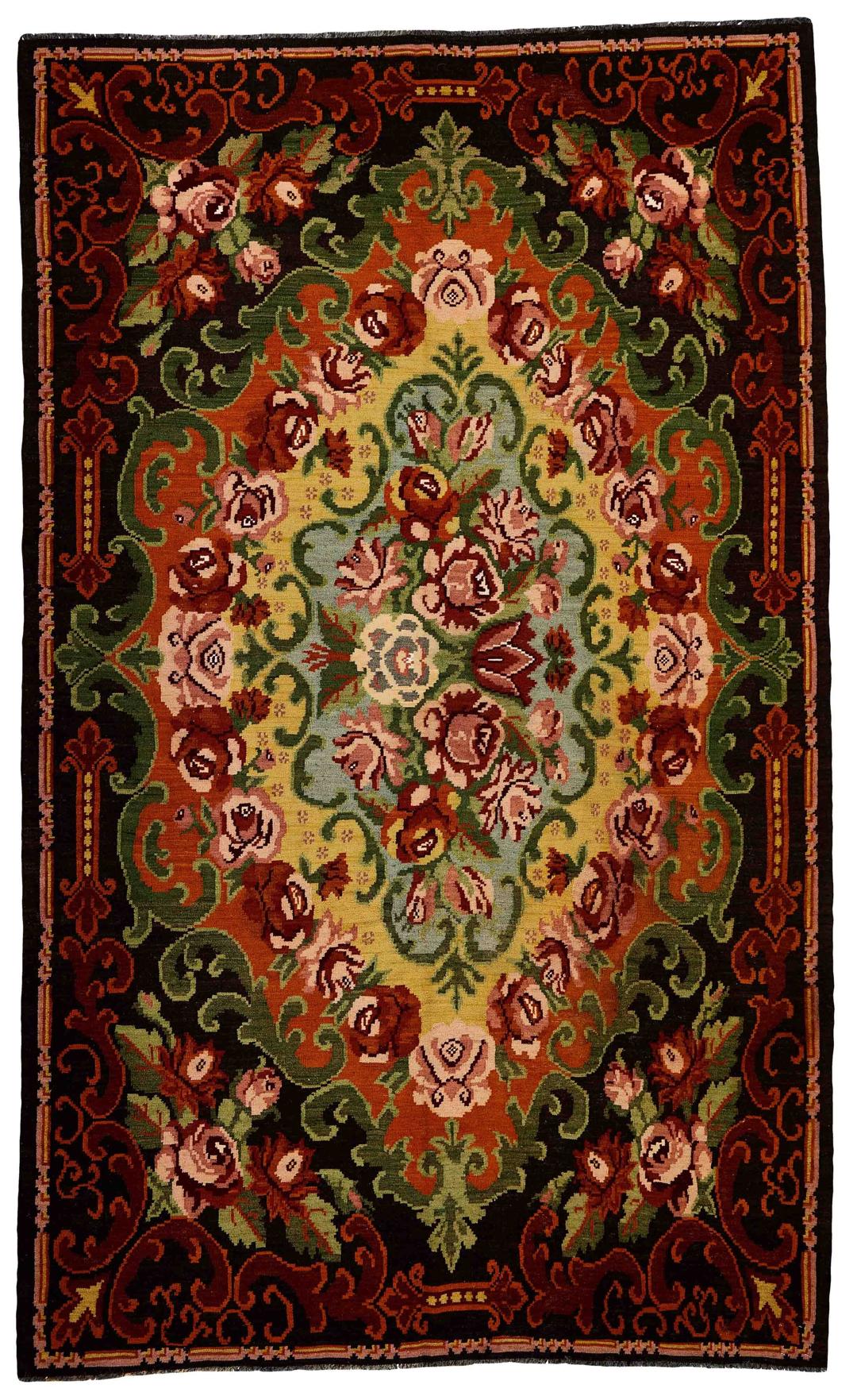 Håndvævet moldovisk rose kilim-tæppe med levende blomstermønstre i multicolor