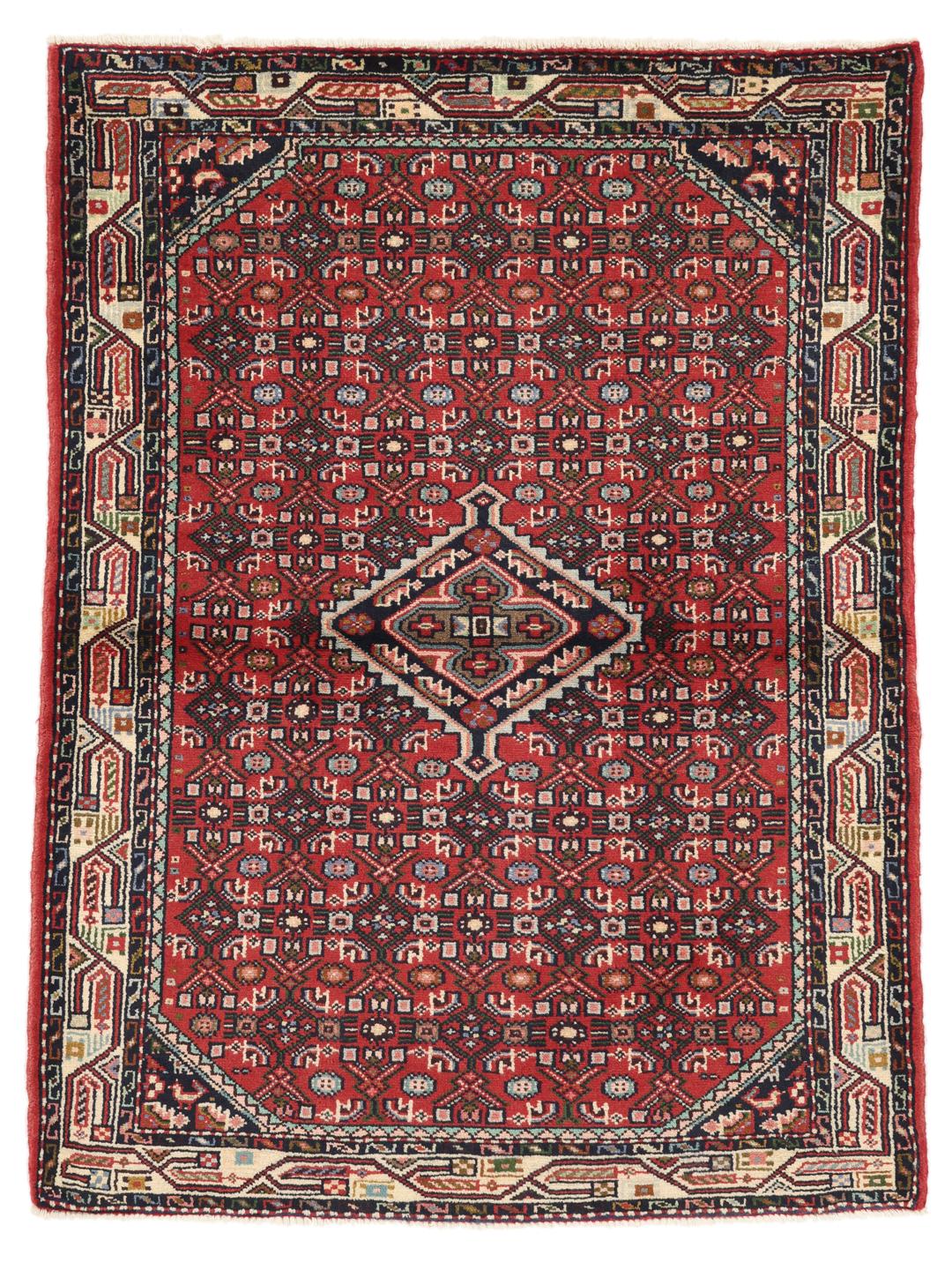 A hand-knotted Hamadan rug from the Middle East featuring a vibrant red and dark blue geometric pattern.