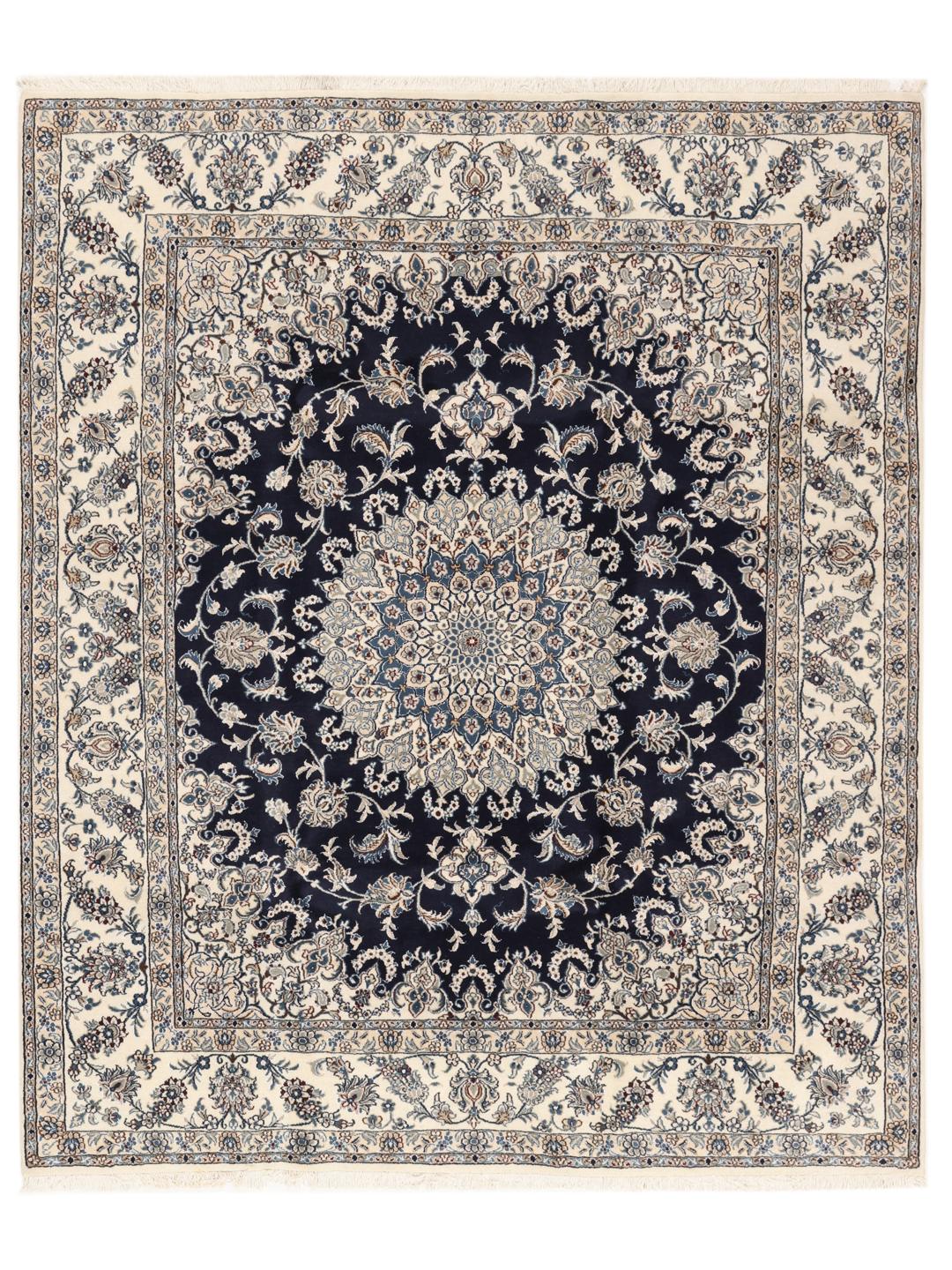 Hand-knotted Nain rug from the Middle East with a dark-blue and cream floral design