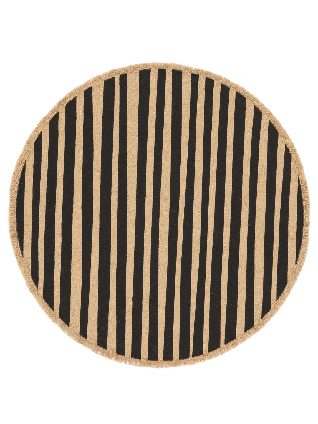 round beige and black rug with fringe and stripes