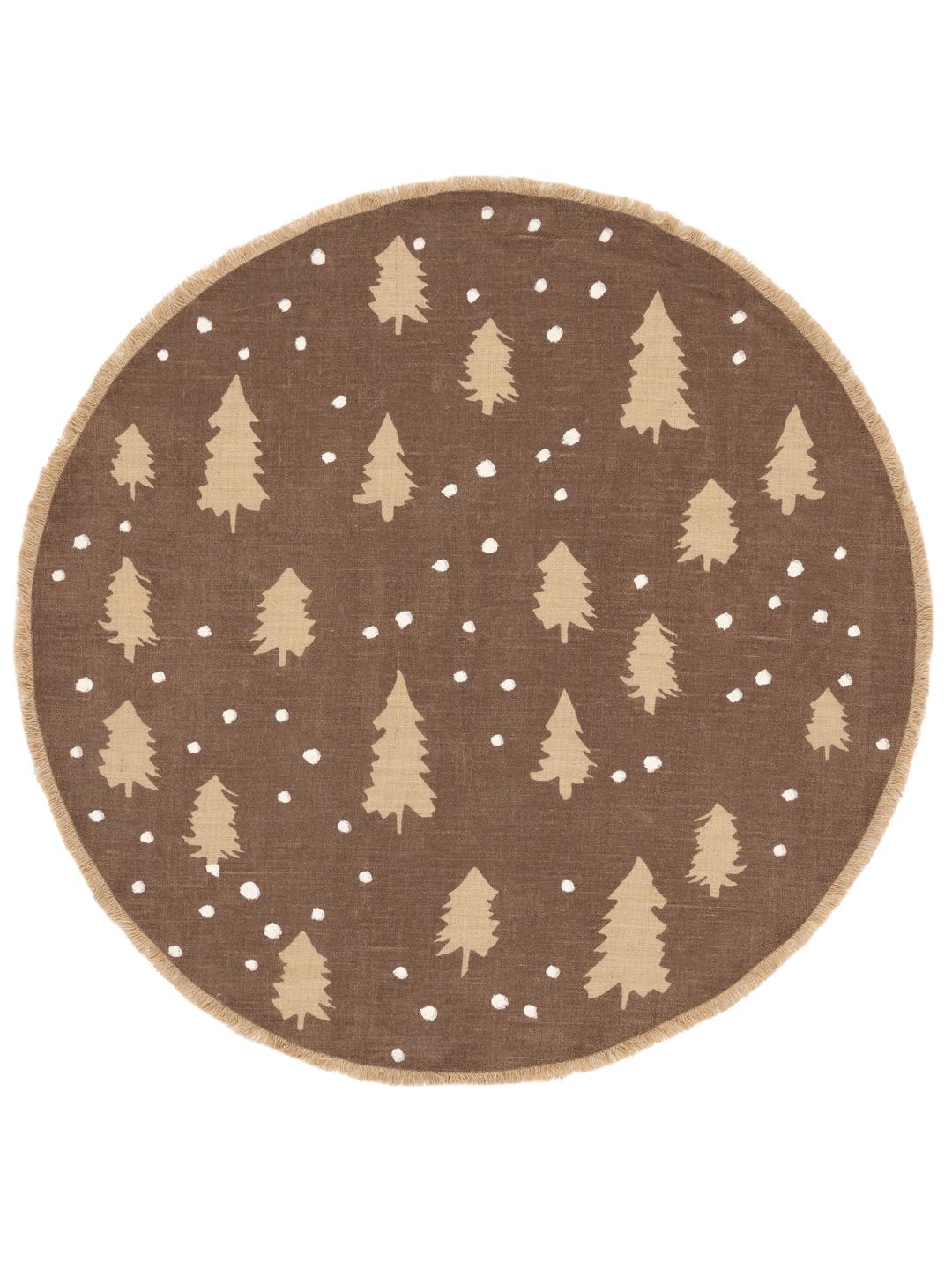 Round brown rug with pine tree and dot pattern