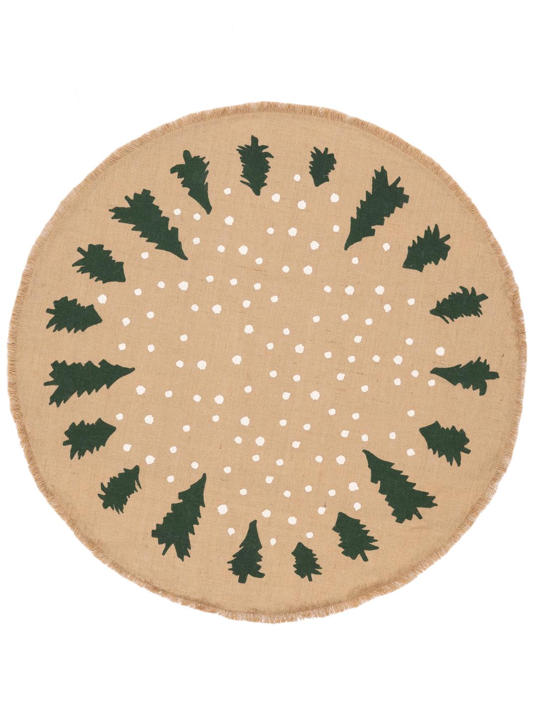 Tapis rond beige et vert avec des motifs d'arbres et des franges