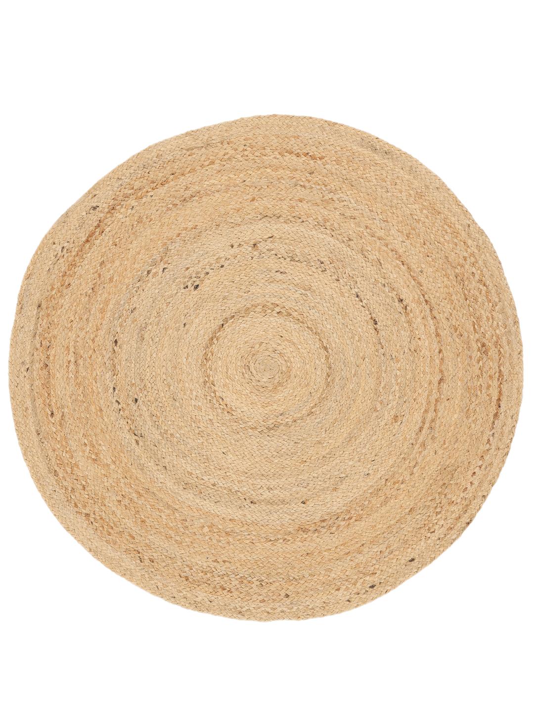 Rundt beige tæppe lavet af naturlig jute