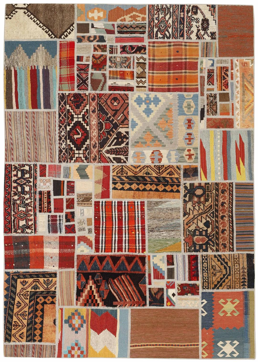 Handgemaakt multicolour wollen vloerkleed met patchwork patroon uit het Midden-Oosten
