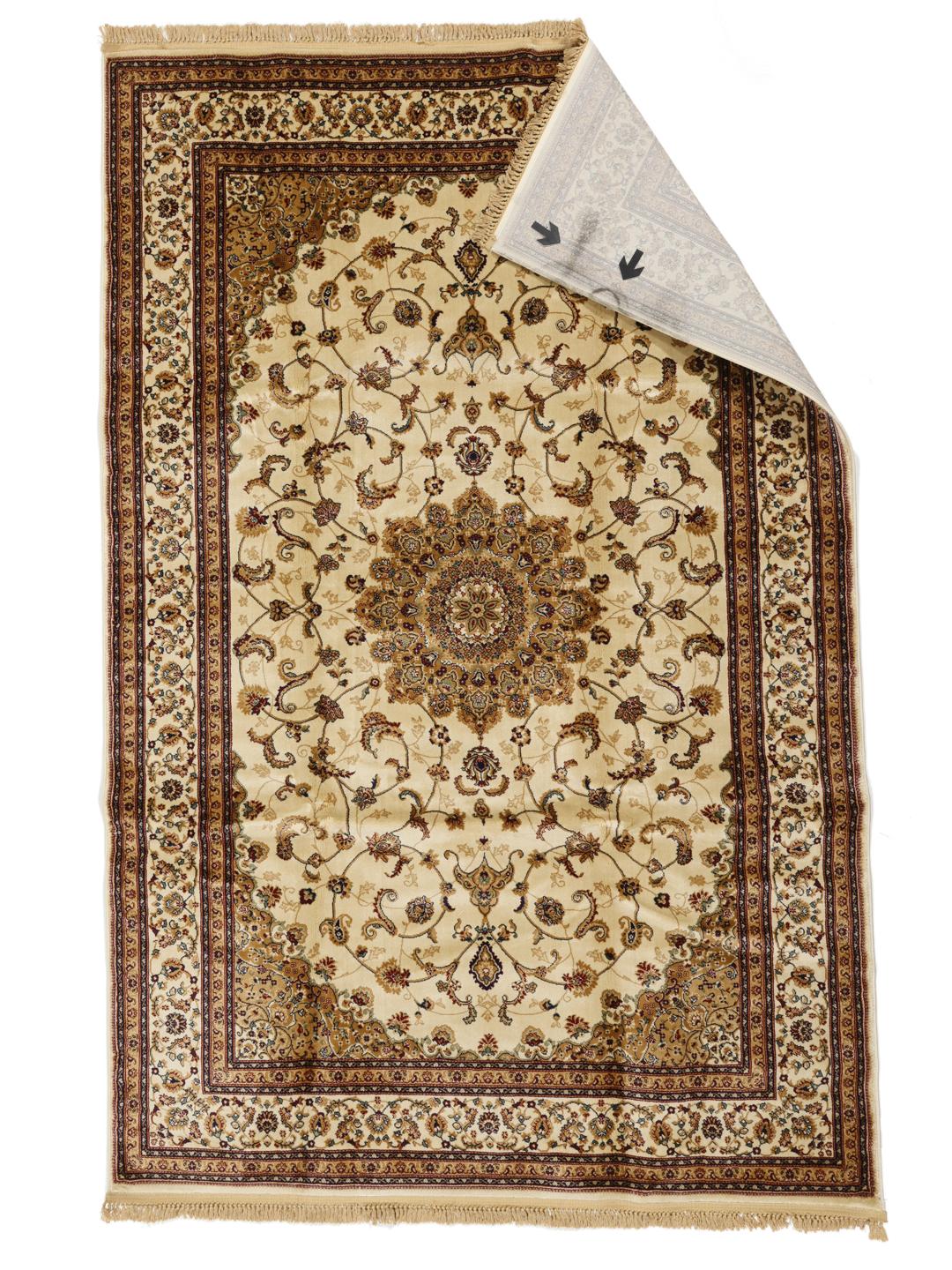 Beige floral medallion rug with intricate Middle Eastern inspired patterns