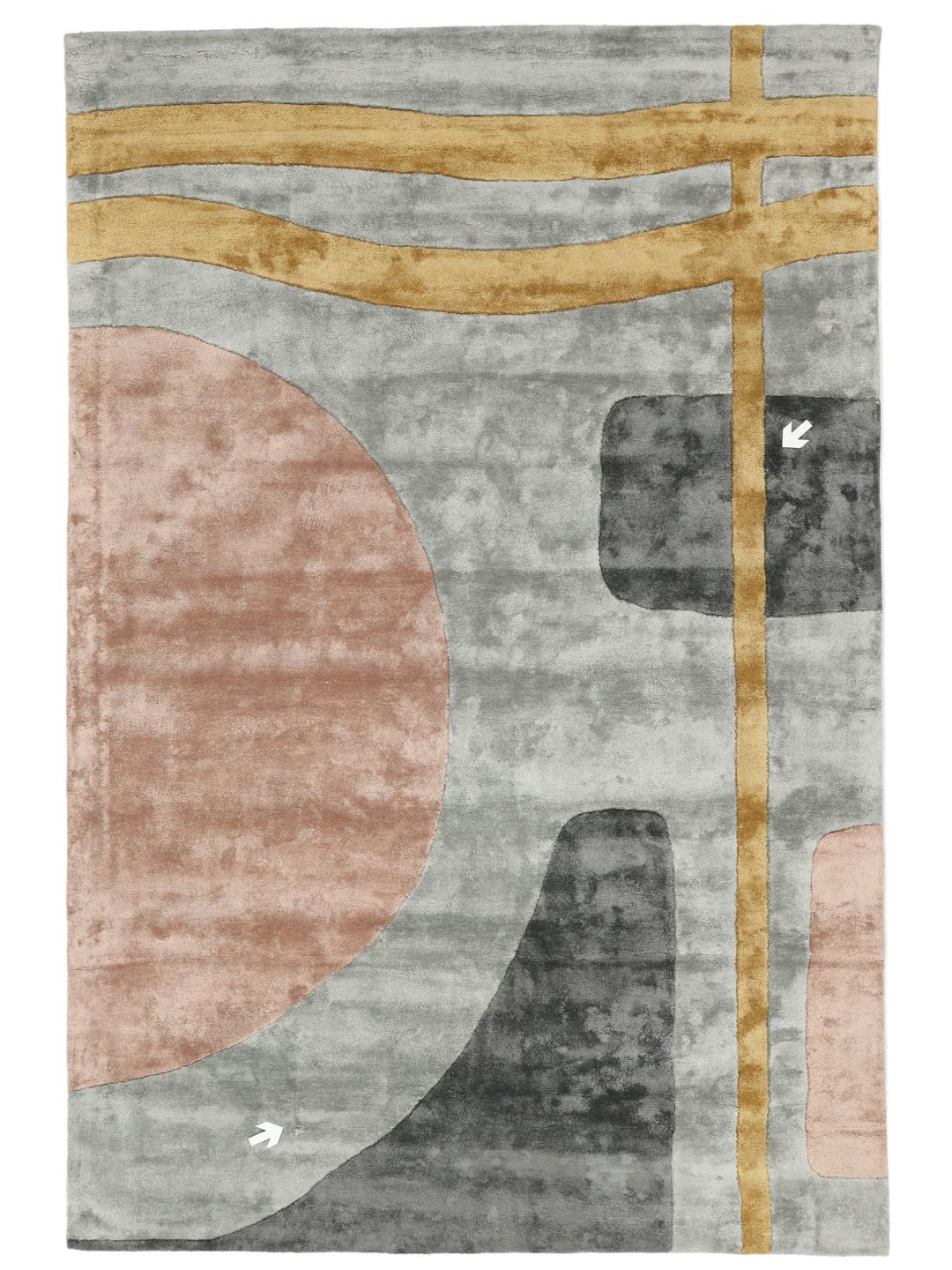 Eigentijds abstract vloerkleed met roze, grijze en gouden geometrische vormen
