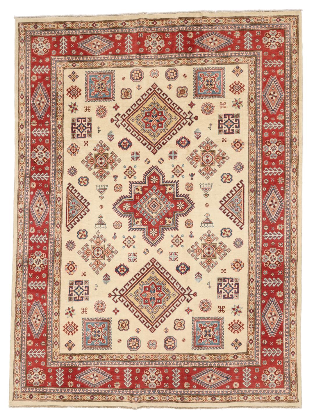 Tapis Kazak afghan noué à la main avec motifs géométriques en beige et rouge