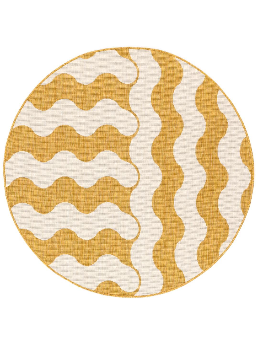 Un tapis rond jaune et blanc avec un motif ondulé