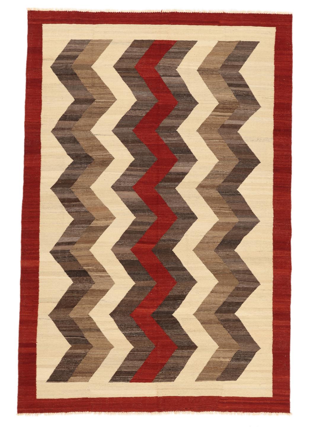 Handgeweven Afghaans Kilim-tapijt met een rood en bruin zigzagpatroon op een crèmekleurige achtergrond