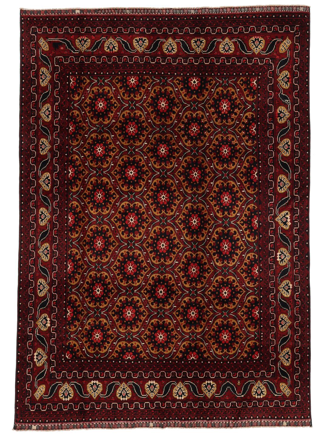 Hand-knotted Afghan Kunduz rug in dark-red with geometric medallions