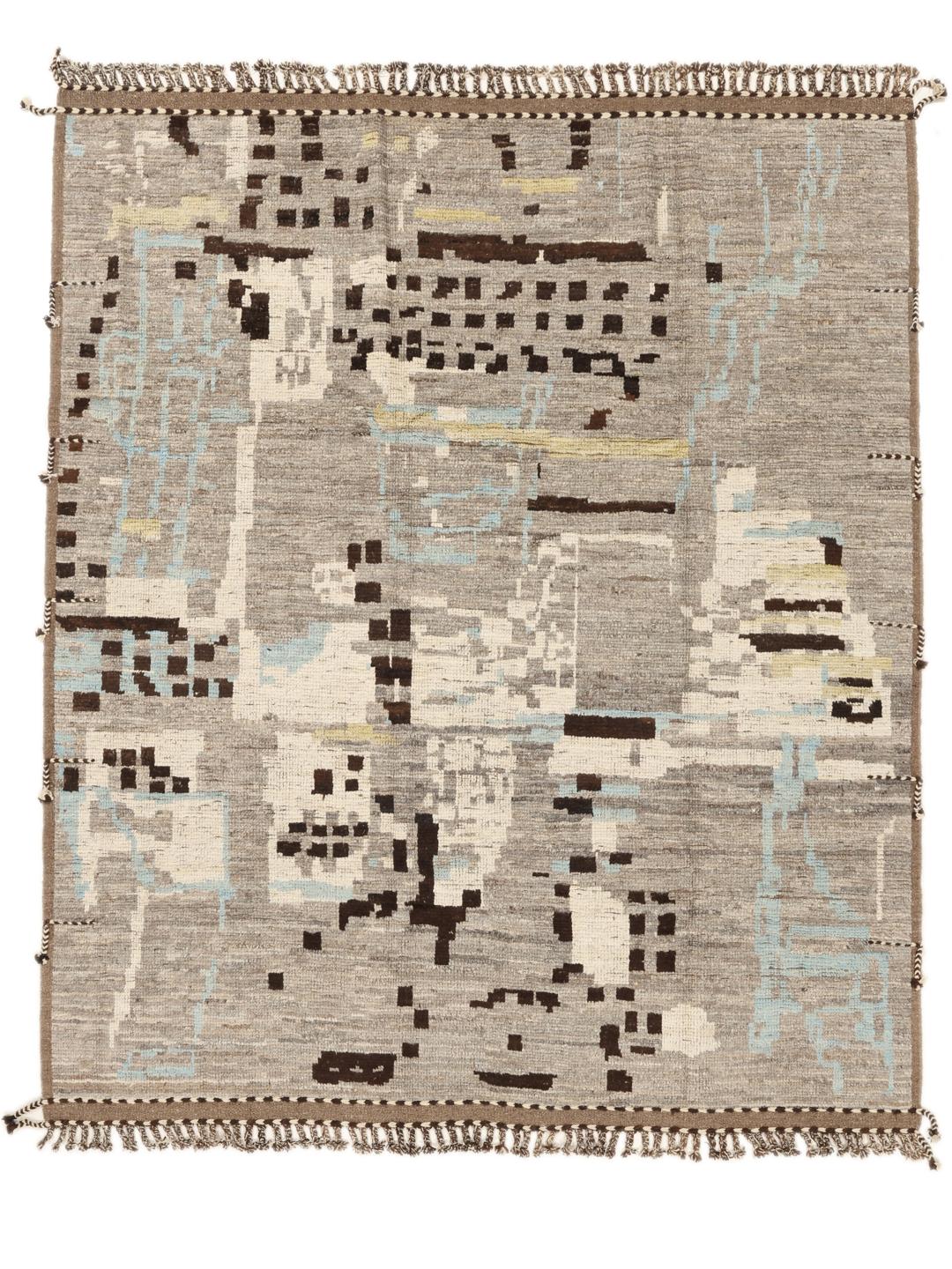 Hand-knotted Afghan rug with abstract patterns in grey, brown, and light blue